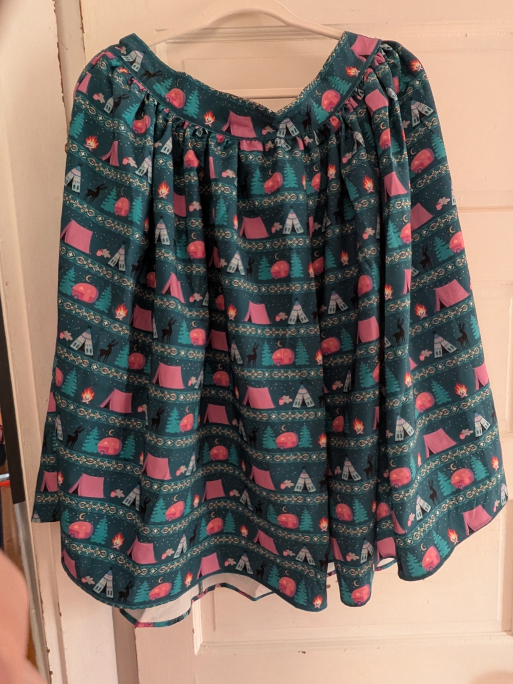 Unique Vintage Teal Skater Skirt with Pink Camping Print